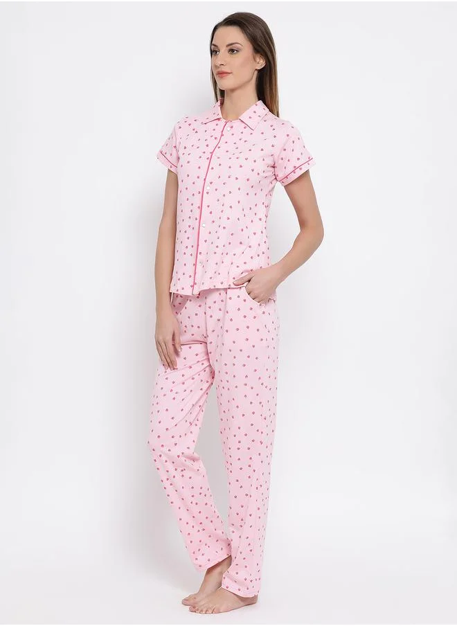 Clovia Strawberry Print Button Down Shirt & Pyjama Set by Styli