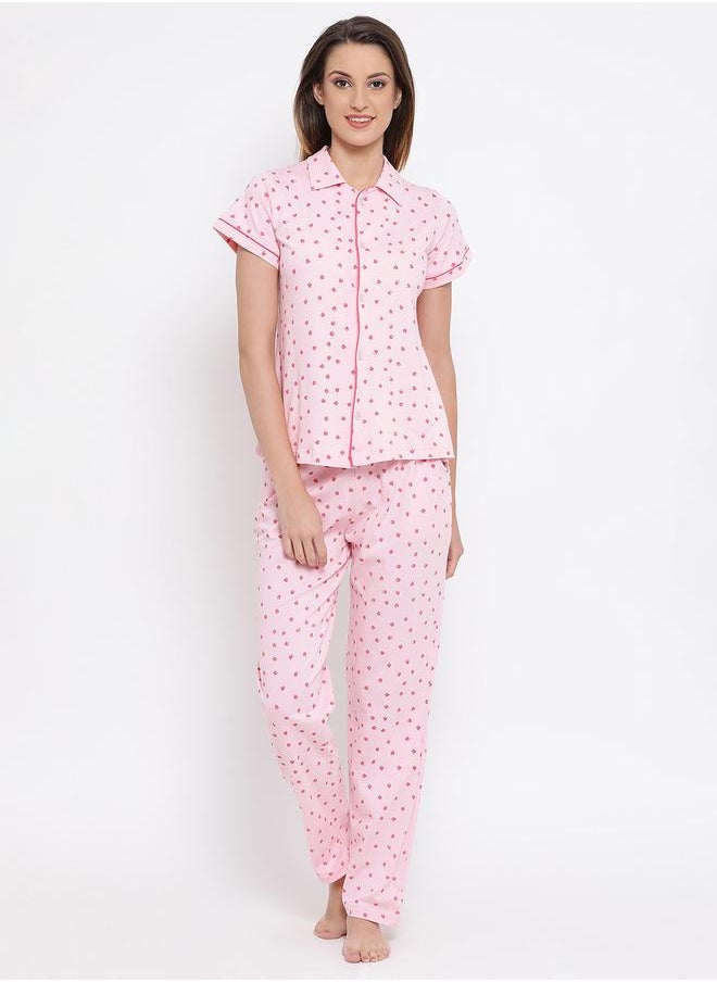 Clovia Strawberry Print Button Down Shirt & Pyjama Set by Styli  - Image 2