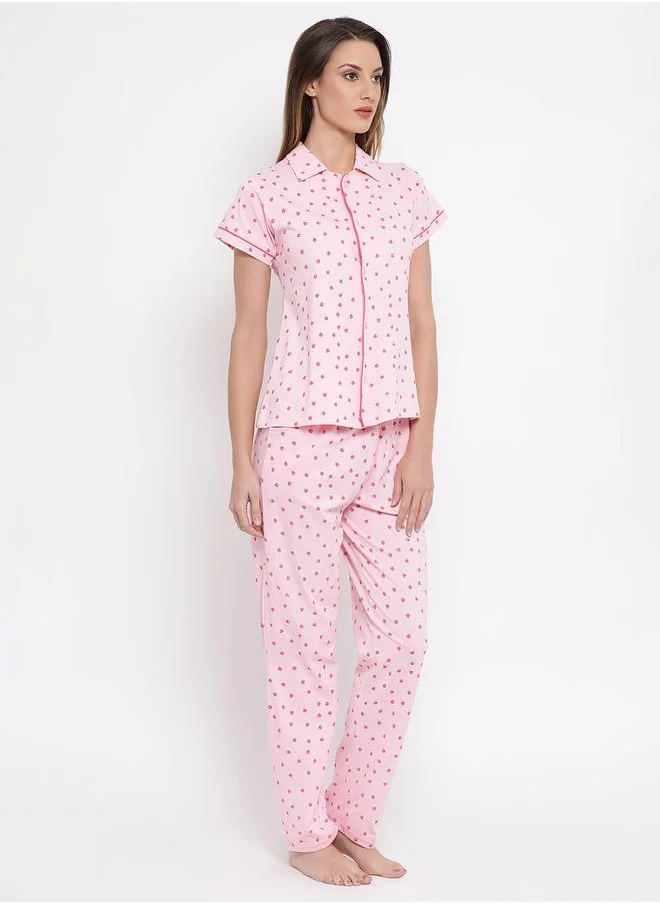 Clovia Strawberry Print Button Down Shirt & Pyjama Set by Styli