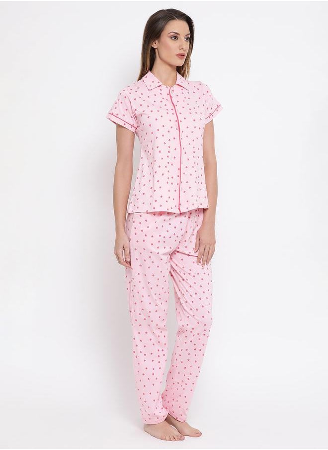 Clovia Strawberry Print Button Down Shirt & Pyjama Set by Styli  - Image 3
