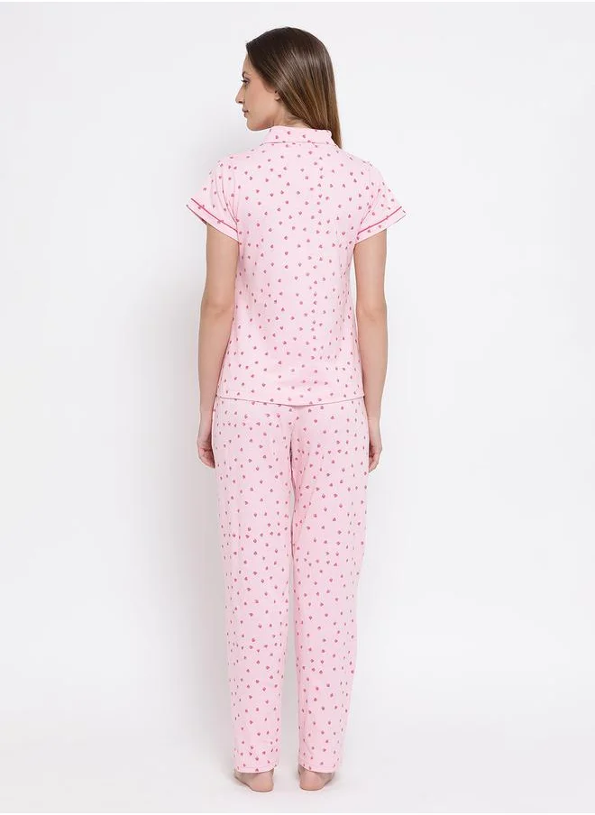 Clovia Strawberry Print Button Down Shirt & Pyjama Set by Styli