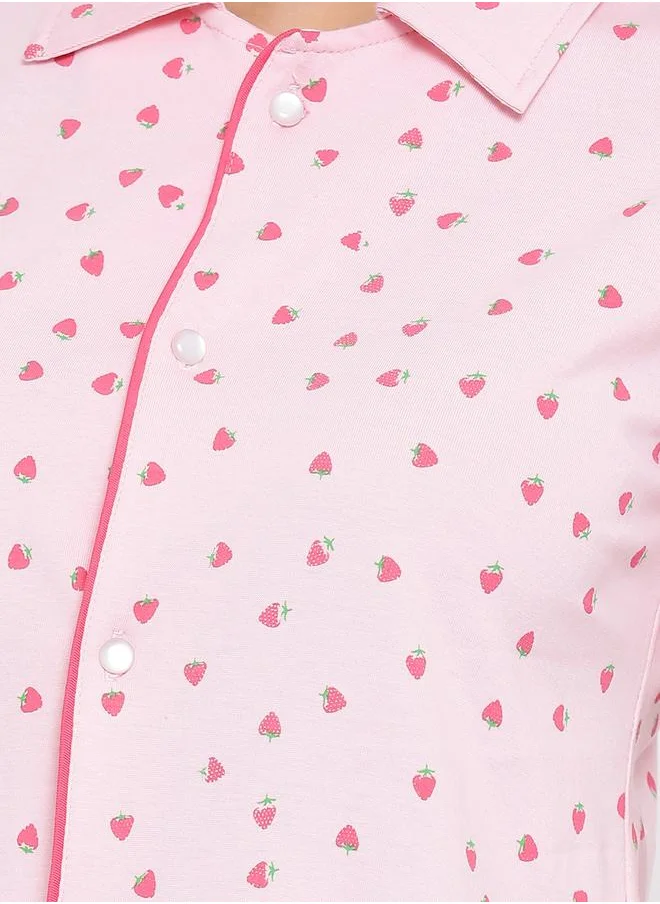 Clovia Strawberry Print Button Down Shirt & Pyjama Set by Styli