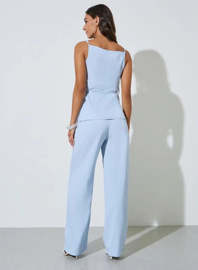 Styli  Blue Solid Waist Tie Strappy Top and Wide Leg Pants Co-Ords for Women | Best Price UAE