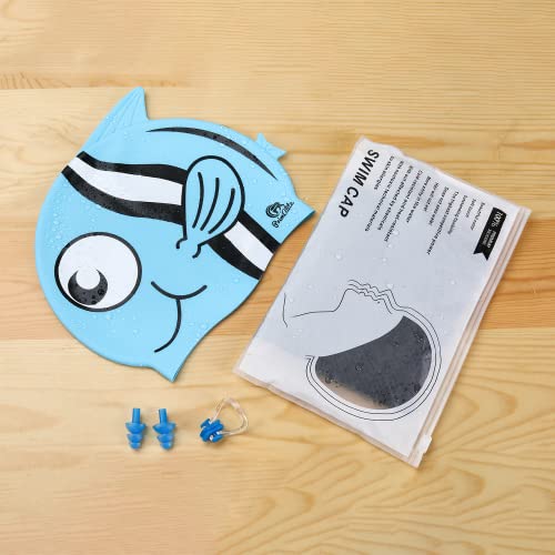 Primalite Swim Caps for Kids- Aged 3-12, Happy Fish Cartoon Design, Silicone Waterproof Comfy Bathing Cap Swimming Hat for Long & Short Hair, Waterproof Stretchy for Children, Boys & Girls- Blue - Image 5