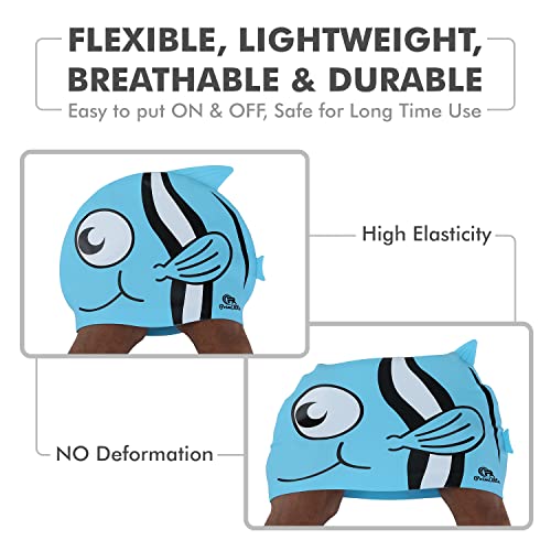 Primalite Swim Caps for Kids- Aged 3-12, Happy Fish Cartoon Design, Silicone Waterproof Comfy Bathing Cap Swimming Hat for Long & Short Hair, Waterproof Stretchy for Children, Boys & Girls- Blue - Image 3