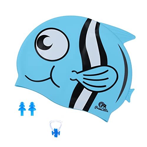 Primalite Swim Caps for Kids- Aged 3-12, Happy Fish Cartoon Design, Silicone Waterproof Comfy Bathing Cap Swimming Hat for Long & Short Hair, Waterproof Stretchy for Children, Boys & Girls- Blue - Image 1
