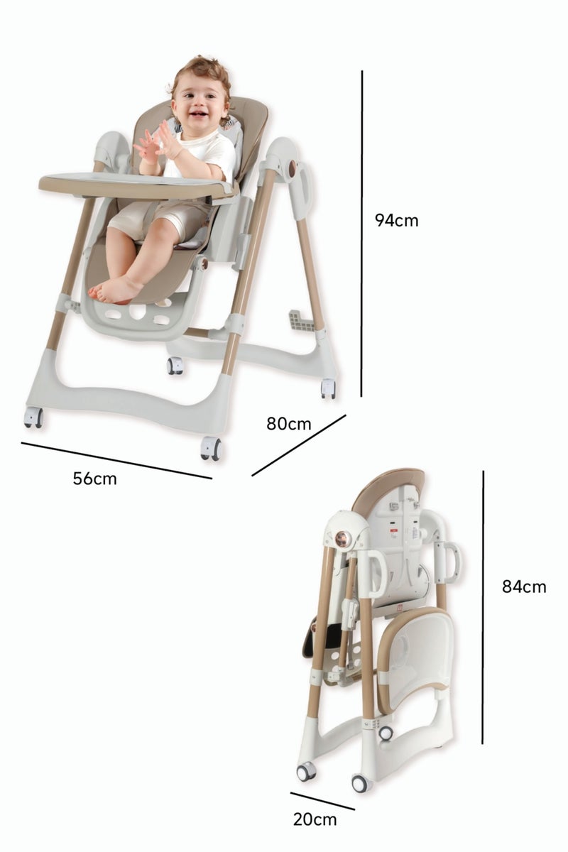 دَمِبّ كرسي طعام للأطفال من سن الرضاعة حتى 6 سنوات | قابل للتعديل على 5 ارتفاعات وقابل للطي، مزود بعجلات وصينيتين مزدوجتين، مسند ظهر قابل للإمالة بـ 4 وضعيات، ومسند قدم بـ 3 مراحل، وحزام أمان بـ 5 نقاط | مقبض دفع مريح، آمن ومريح – بني - Image 5