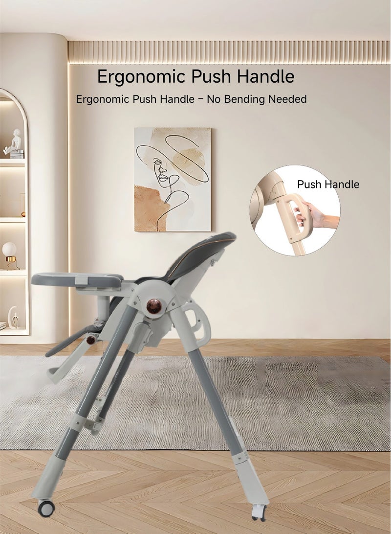 دَمِبّ كرسي طعام للأطفال من سن الرضاعة حتى 6 سنوات | قابل للتعديل على 5 ارتفاعات وقابل للطي، مزود بعجلات وصينيتين مزدوجتين، مسند ظهر قابل للإمالة بـ 4 وضعيات، ومسند قدم بـ 3 مراحل، وحزام أمان بـ 5 نقاط | مقبض دفع مريح، آمن ومريح – بني - Image 4