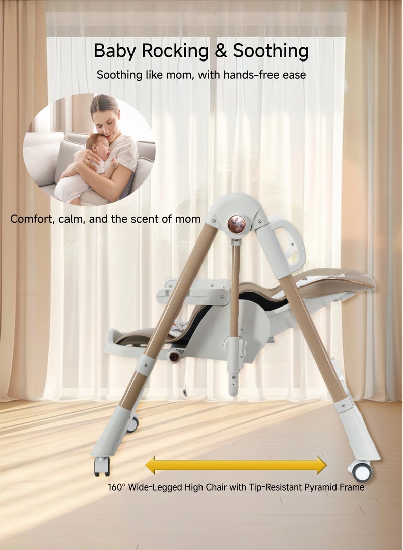 دَمِبّ كرسي طعام للأطفال من سن الرضاعة حتى 6 سنوات | قابل للتعديل على 5 ارتفاعات وقابل للطي، مزود بعجلات وصينيتين مزدوجتين، مسند ظهر قابل للإمالة بـ 4 وضعيات، ومسند قدم بـ 3 مراحل، وحزام أمان بـ 5 نقاط | مقبض دفع مريح، آمن ومريح – بني - Image 2