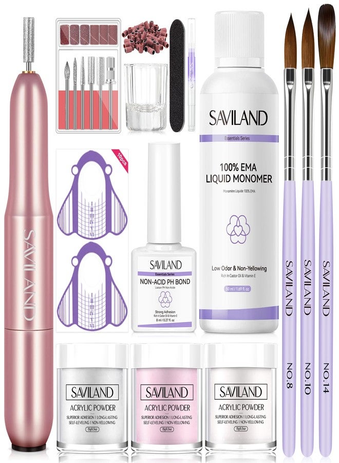 SAVILAND Essentials Acrylic Nail Kit with Drill: Beginner Nail Kit with Keratin Colored Acrylic Nail Powder, MMA-free Monomer Liquid, Primer, Brushes, Forms & Tools for DIY Nail Art Extension Home Use - Image 1