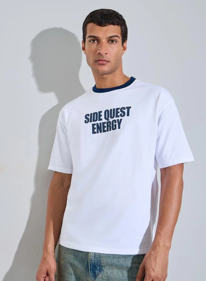 Styli Men White Oversized Front Print Ringer Terry T-Shirt