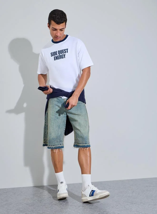 Styli Men White Oversized Front Print Ringer Terry T-Shirt
