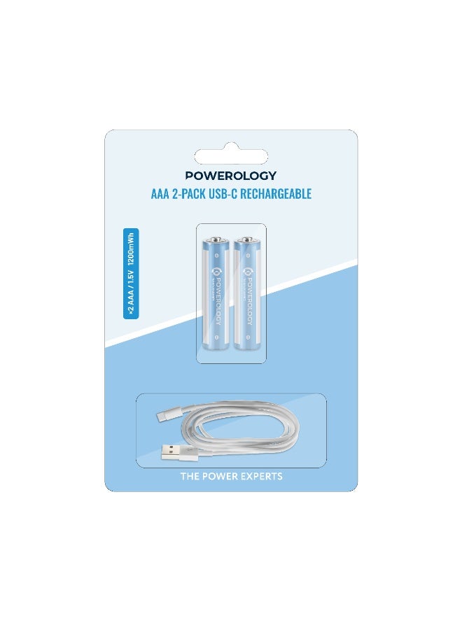 باورولوجي بطاريتان AAA قابلتان لإعادة الشحن بمنفذ USB-C (1200 مللي واط/ساعة) / ليثيوم أيون 1.5 فولت / شحن سريع خلال ساعتين / طاقة تدوم طويلاً / صديقة للبيئة - أزرق - Image 1