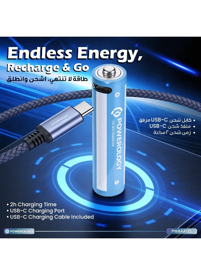 باورولوجي بطاريتان AAA قابلتان لإعادة الشحن بمنفذ USB-C (1200 مللي واط/ساعة) / ليثيوم أيون 1.5 فولت / شحن سريع خلال ساعتين / طاقة تدوم طويلاً / صديقة للبيئة - أزرق - Image 4