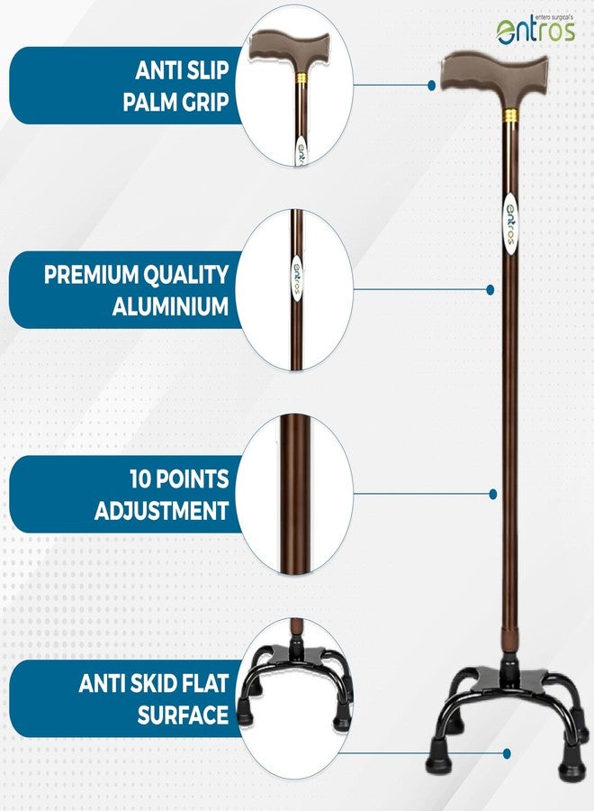 Entros 4 Leg L Shaped Adjustable Stand Up Cane with Non-Slip Rubber Handle Grip | Walking Stick for Old People, Patient & Handicaps, Brown - KL934. - Image 4