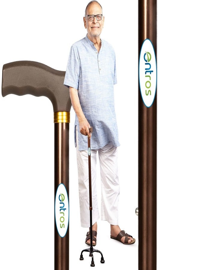 Entros 4 Leg L Shaped Adjustable Stand Up Cane with Non-Slip Rubber Handle Grip | Walking Stick for Old People, Patient & Handicaps, Brown - KL934. - Image 1
