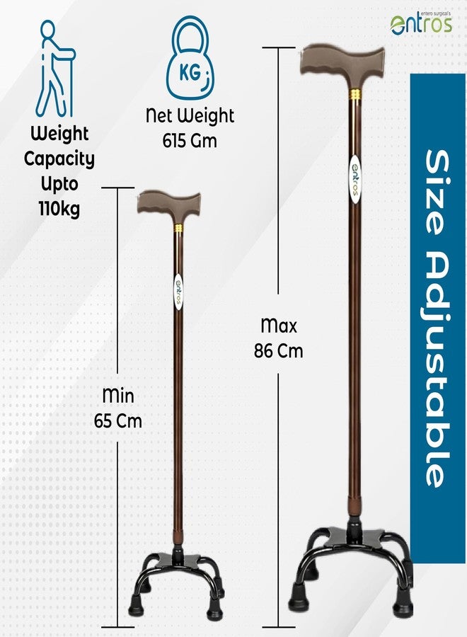 Entros 4 Leg L Shaped Adjustable Stand Up Cane with Non-Slip Rubber Handle Grip | Walking Stick for Old People, Patient & Handicaps, Brown - KL934. - Image 3