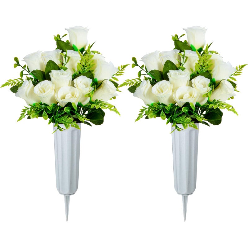 XONOR Artificial Cemetery Flowers Set of 2 Artificial Rose Bouquet Grave Memorial Flowers with Vase for Cemetery Headstones Decoration White