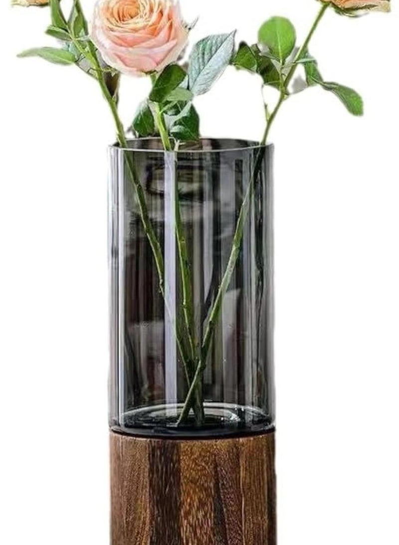 Glass Flower Vase with Wooden Base Light Luxury Grey Vases Classic Cylindrical Vases Decorative Vase for Wedding Centerpieces Dinner Table Party Living Room Table Shelf Decor - Image 1