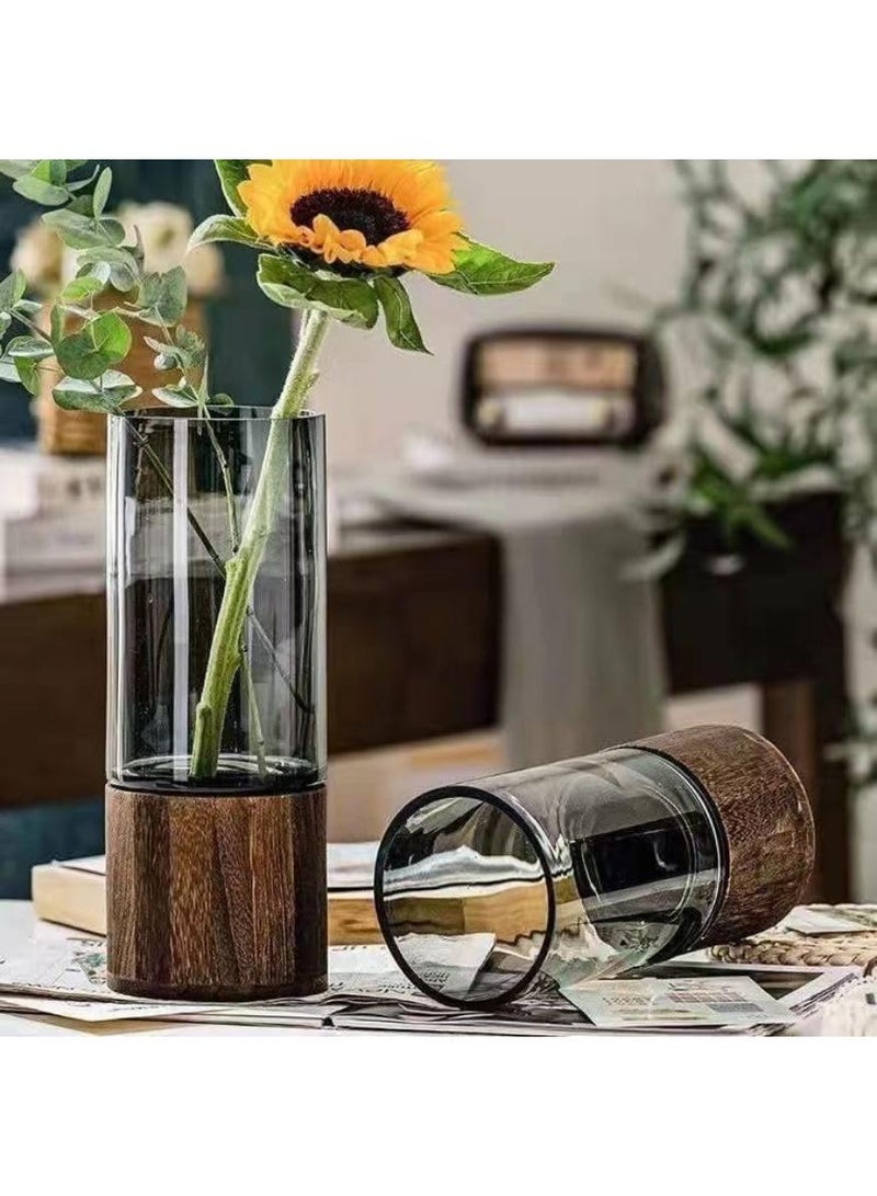 Glass Flower Vase with Wooden Base Light Luxury Grey Vases Classic Cylindrical Vases Decorative Vase for Wedding Centerpieces Dinner Table Party Living Room Table Shelf Decor - Image 5