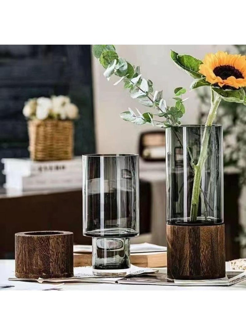 Glass Flower Vase with Wooden Base Light Luxury Grey Vases Classic Cylindrical Vases Decorative Vase for Wedding Centerpieces Dinner Table Party Living Room Table Shelf Decor - Image 4