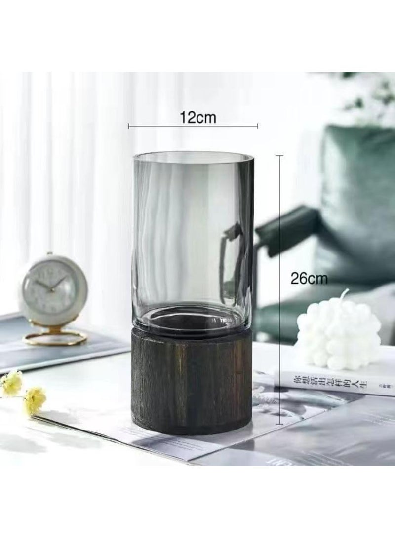 Glass Flower Vase with Wooden Base Light Luxury Grey Vases Classic Cylindrical Vases Decorative Vase for Wedding Centerpieces Dinner Table Party Living Room Table Shelf Decor - Image 2