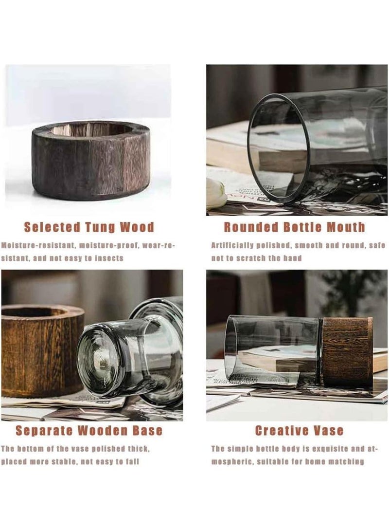 Glass Flower Vase with Wooden Base Light Luxury Grey Vases Classic Cylindrical Vases Decorative Vase for Wedding Centerpieces Dinner Table Party Living Room Table Shelf Decor - Image 3