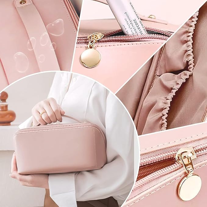 MS Export Large Capacity Travel Cosmetic Bag with Handle and Divider – Waterproof PU Leather Makeup Organizer for Women & Girls, Zipper Toiletry Case with Compartments, Brown (Pink) - Image 3