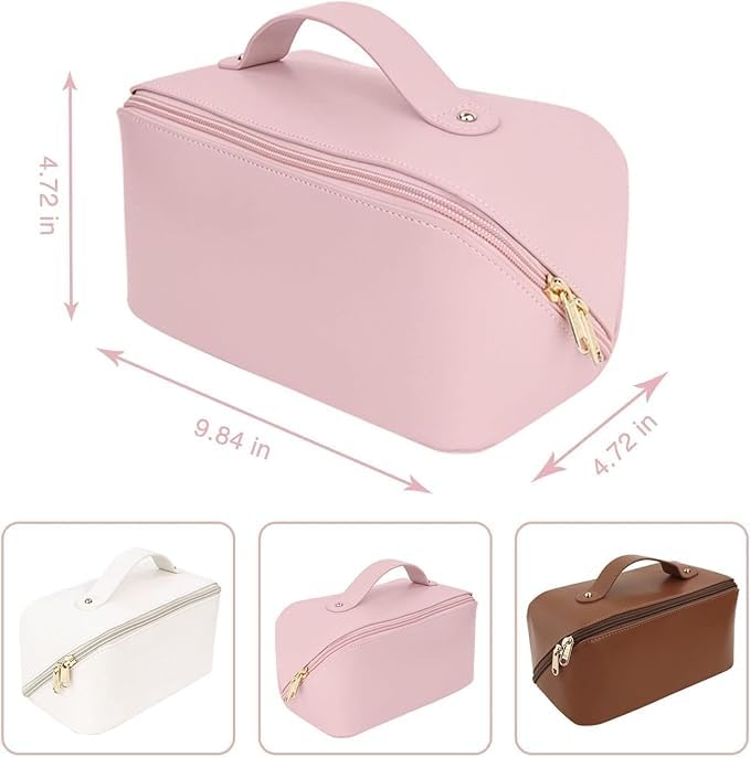 MS Export Large Capacity Travel Cosmetic Bag with Handle and Divider – Waterproof PU Leather Makeup Organizer for Women & Girls, Zipper Toiletry Case with Compartments, Brown (Pink) - Image 2