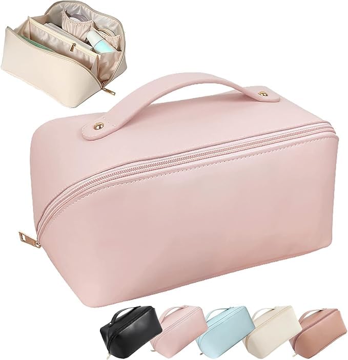 MS Export Large Capacity Travel Cosmetic Bag with Handle and Divider – Waterproof PU Leather Makeup Organizer for Women & Girls, Zipper Toiletry Case with Compartments, Brown (Pink) - Image 1
