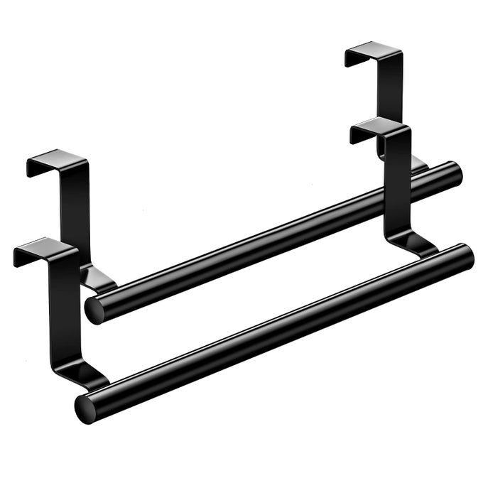 STAINLESS STEEL OVER DOOR TOWEL RACK BAR HOLDERS FOR UNIVERSAL FIT ON OVER CABINET CUPBOARD DOORS 2 PACK BLACK