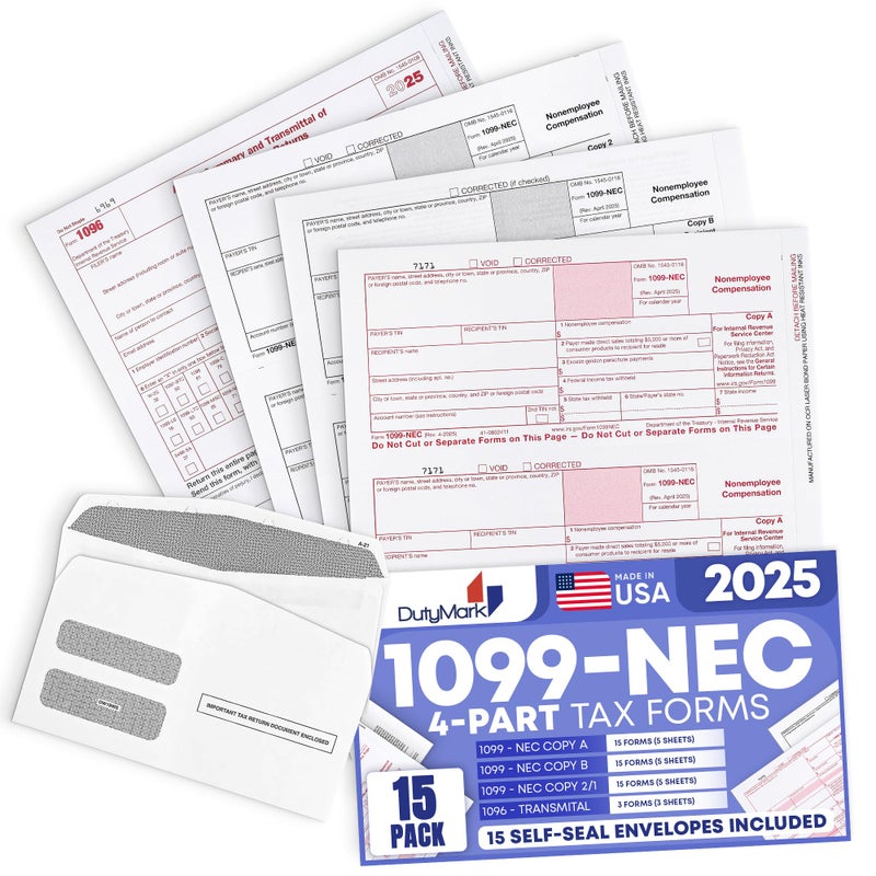 Dutymark 1099 NEC Tax Forms 2025 with Envelopes, 4 Part 15 Pack Tax Forms Kit and 15 Self-Seal Envelopes â€“Great for QuickBooks and Accounting Software, Value Pack for Business - Made in The USA - 15-Pack - Image 1