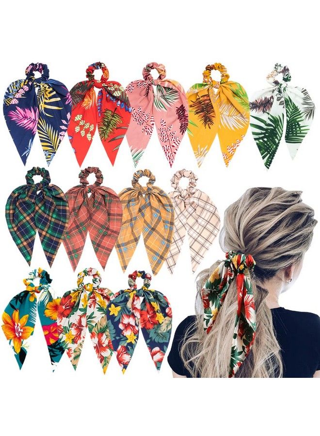Sunaction 11 Pcs Hair Scarf Scrunchiestropical Style Chiffon Floral Scrunchie Scarf Ponytail Holder With Bowsflower Pattern Ponytail Scarf  - Image 1