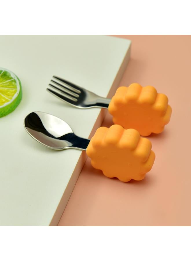 Hippo Baby Baby Learning To Eat Training Fork Spoon Short Handle Stainless Steel Tableware Children's Silicone Complementary Food Complementary Food Fork Spoon