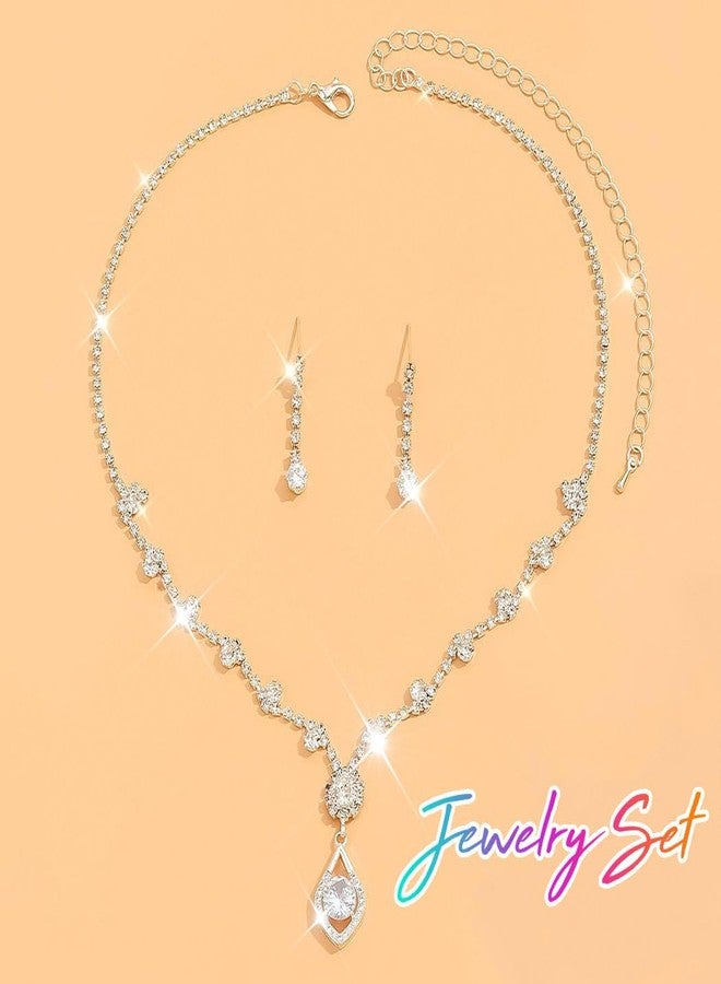 Unicra Silver Bride Wedding Jewelry Sets Rhinestone Bridal Necklace Earrings Set Prom Costume Jewelry Set Crystal Choker Necklace for Women and Brides - Image 2