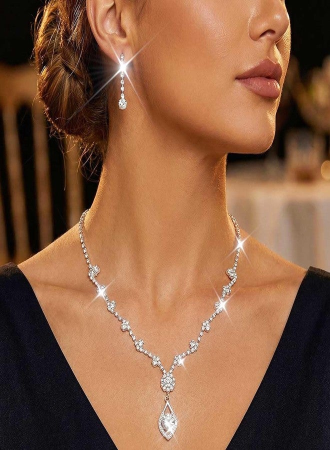 Unicra Silver Bride Wedding Jewelry Sets Rhinestone Bridal Necklace Earrings Set Prom Costume Jewelry Set Crystal Choker Necklace for Women and Brides - Image 5