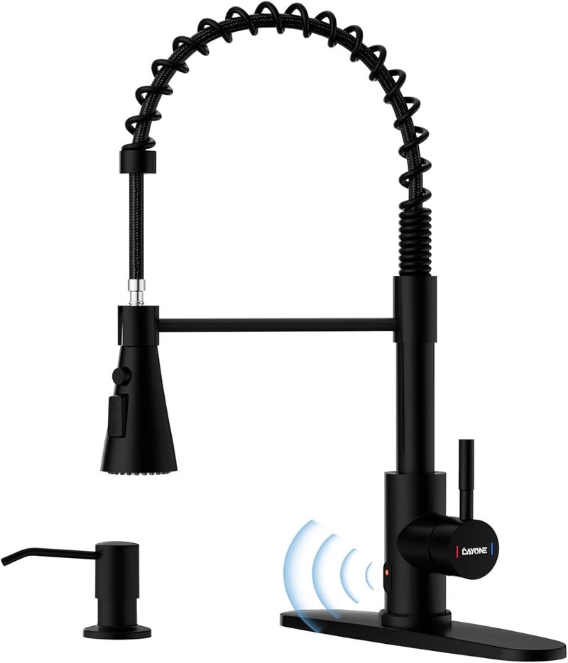 DAYONE Matte Black Touchless Kitchen Sink Faucet with Pull Down Sprayer and Soap Dispenser, Stainless Steel Motion Sensor Touch Faucet for Kitchen Sink Smart Hands-Free Single Handle - Image 1