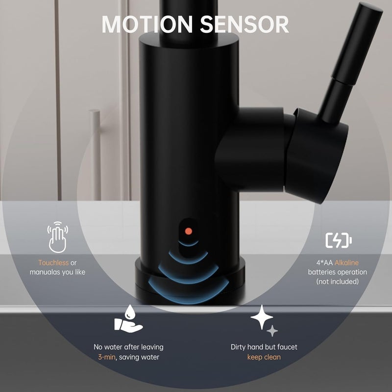 DAYONE Matte Black Touchless Kitchen Sink Faucet with Pull Down Sprayer and Soap Dispenser, Stainless Steel Motion Sensor Touch Faucet for Kitchen Sink Smart Hands-Free Single Handle - Image 5