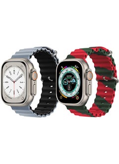 Silicone Ocean Band Strap for Apple Watch Ultra 8 49mm Light Blue/Black Double Side Strap with Red/Green Double Line Strap Set of 2