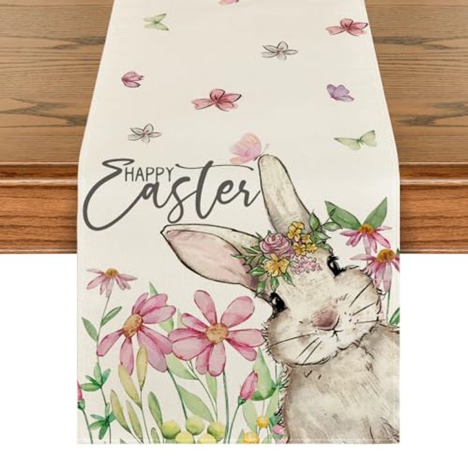 Artoid Mode Daisy Bunny Rabbit Easter Table Runner, Seasonal Spring Kitchen Dining Table Decoration for Home Party Decor 13x72 Inch