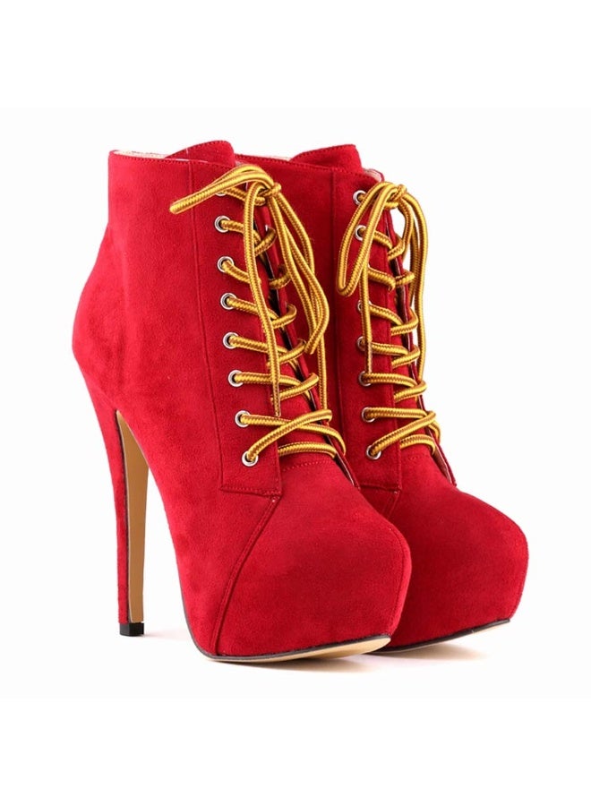 Loquat Short Shaft Ankle Strap Platform Ultra High Heel Martens Boots 14cm Red  - Image 3