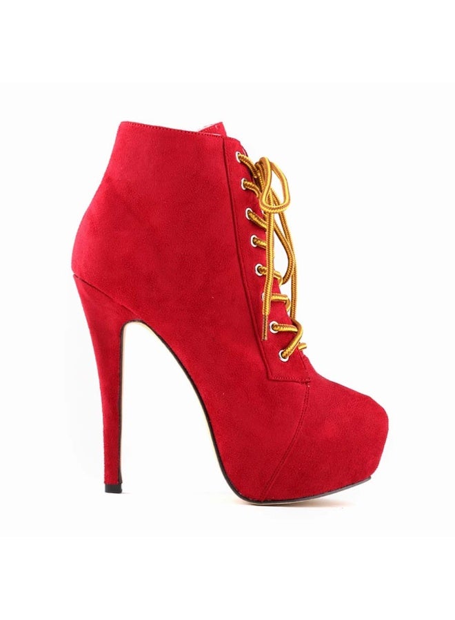 Loquat Short Shaft Ankle Strap Platform Ultra High Heel Martens Boots 14cm Red  - Image 1