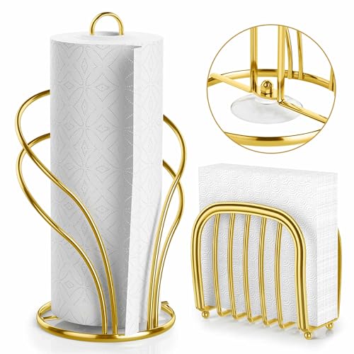 Wuwrll Paper Towel Holder Countertop, Stainless Steel Paper Towel Roll Holder and Paper Napkinholder Set, Standing Paper Towel Roll Holder Stand with Weighted Base Suction Cups (Gold) - Image 1