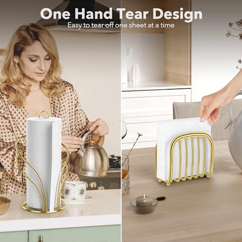 Wuwrll Paper Towel Holder Countertop, Stainless Steel Paper Towel Roll Holder and Paper Napkinholder Set, Standing Paper Towel Roll Holder Stand with Weighted Base Suction Cups (Gold) - Image 4