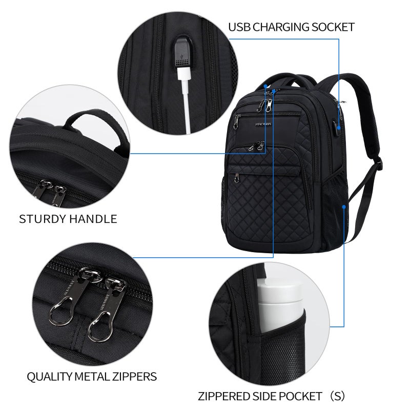 KROSER Travel Laptop Backpack 17 Inch Large Computer Backpack Water-Repellent Daypack with USB Charging Port RFID Pockets for Work/Business/College/Men/Women(Quilted) - Image 3