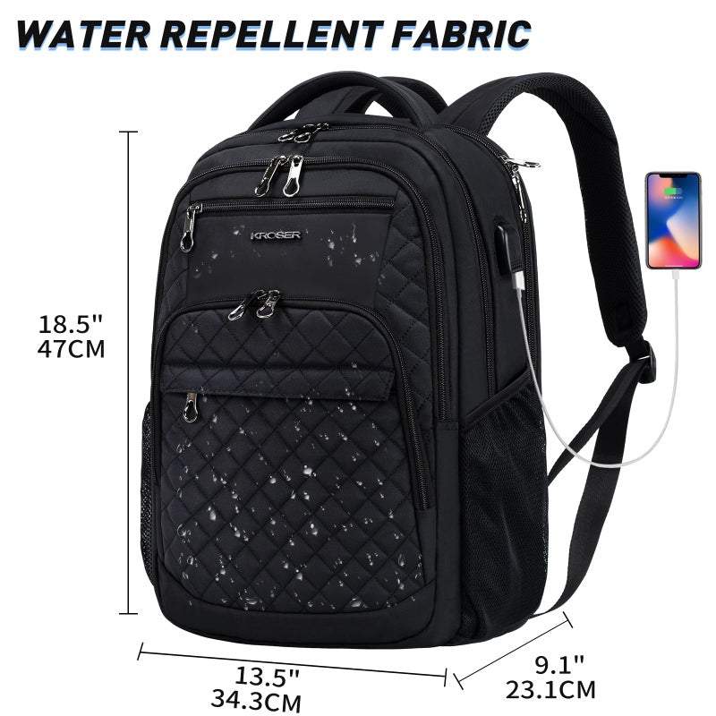 KROSER Travel Laptop Backpack 17 Inch Large Computer Backpack Water-Repellent Daypack with USB Charging Port RFID Pockets for Work/Business/College/Men/Women(Quilted) - Image 5