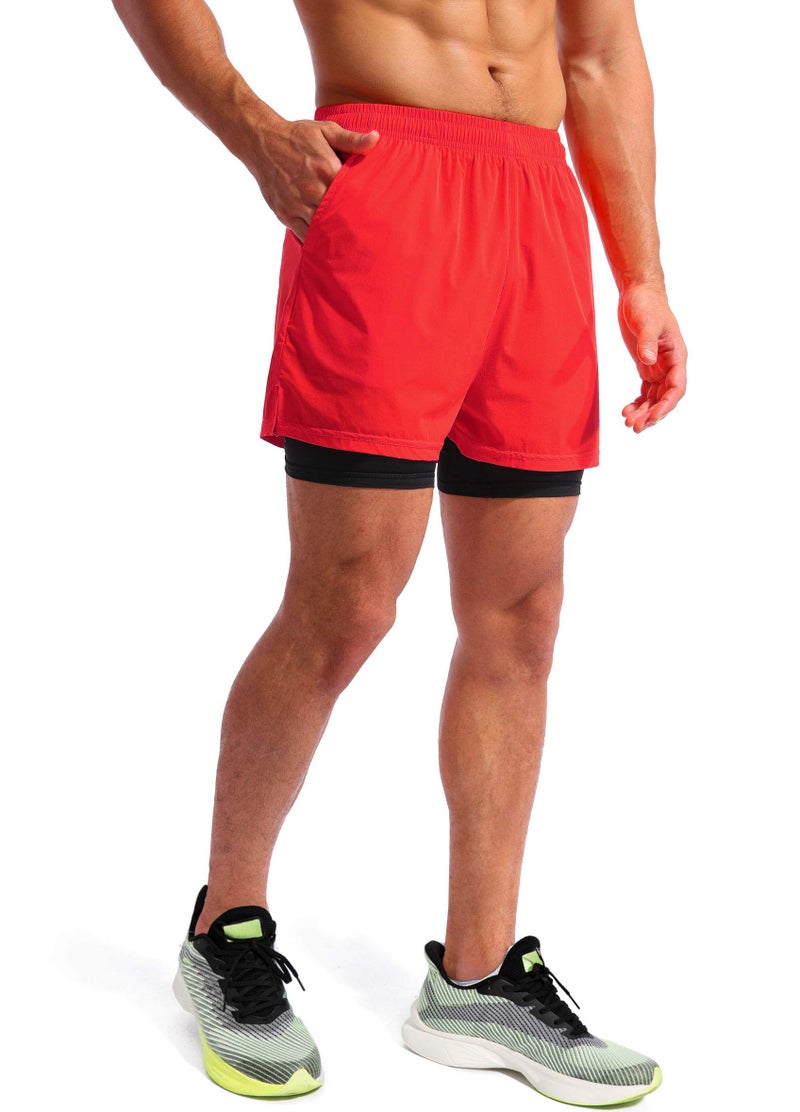 Pudolla Men’s 2 in 1 Running Shorts 5" Quick Dry Gym Athletic Workout Shorts for Men with Phone Pockets(Dark Red Large) - Image 2