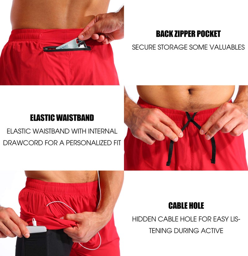 Pudolla Men’s 2 in 1 Running Shorts 5" Quick Dry Gym Athletic Workout Shorts for Men with Phone Pockets(Dark Red Large) - Image 5