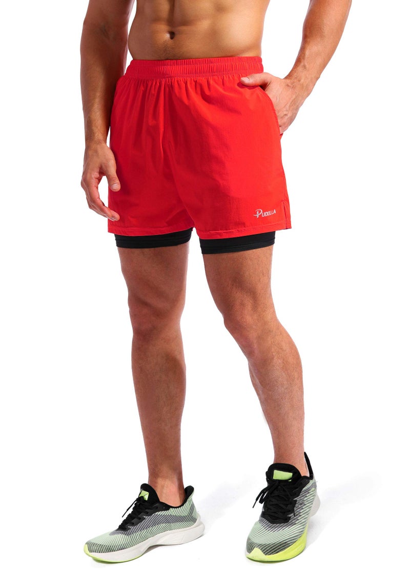 Pudolla Men’s 2 in 1 Running Shorts 5" Quick Dry Gym Athletic Workout Shorts for Men with Phone Pockets(Dark Red Large) - Image 3