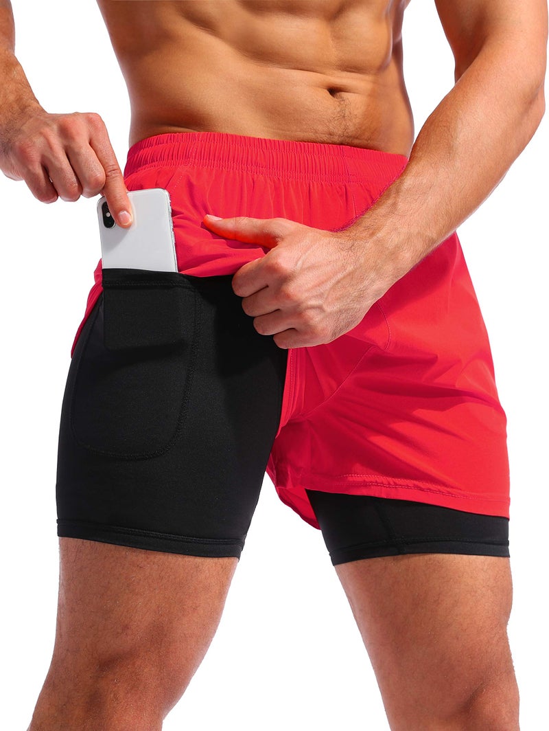 Pudolla Men’s 2 in 1 Running Shorts 5" Quick Dry Gym Athletic Workout Shorts for Men with Phone Pockets(Dark Red Large) - Image 1